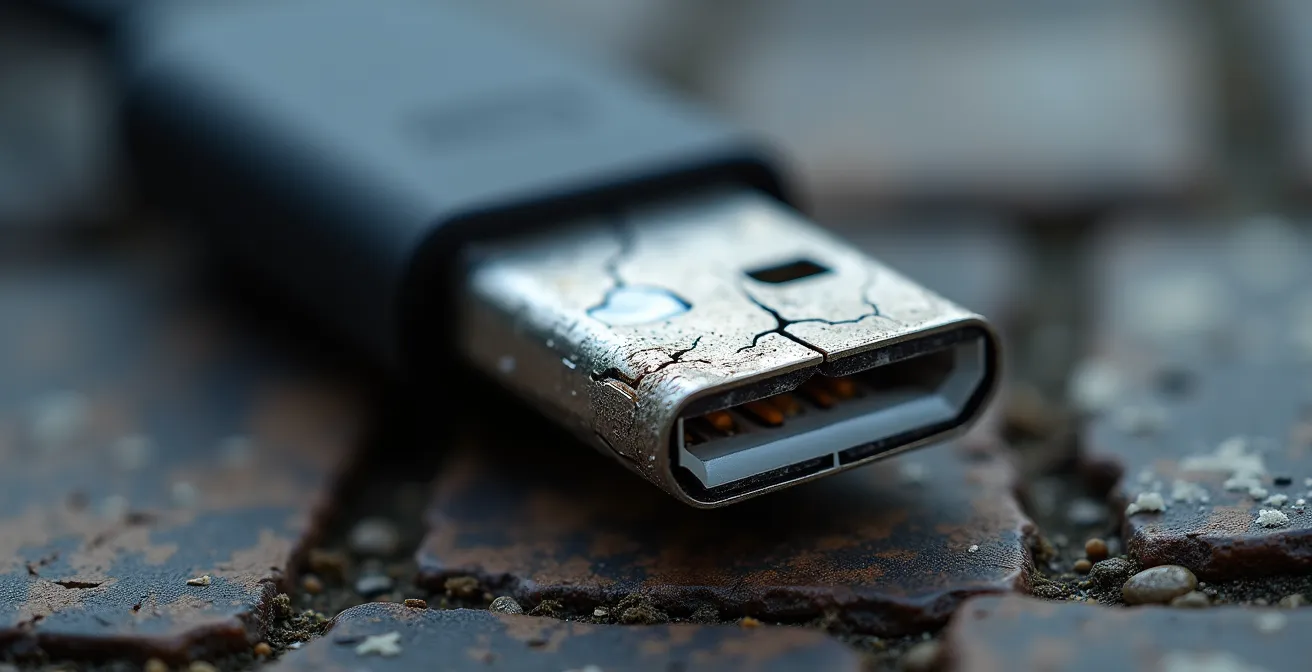 Makroaufnahme eines USB-C-Ports mit sichtbaren Verschleißspuren durch Vibrationen