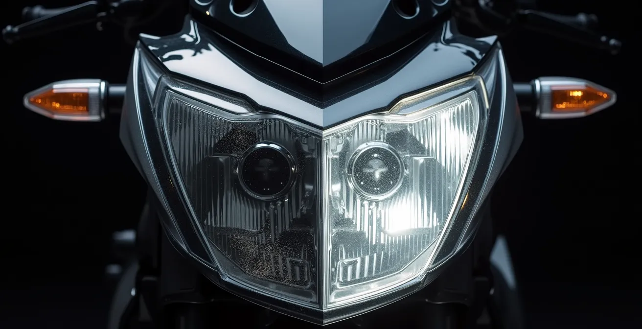 Makroaufnahme eines klaren und eines matten Motorradscheinwerfers im Vergleich