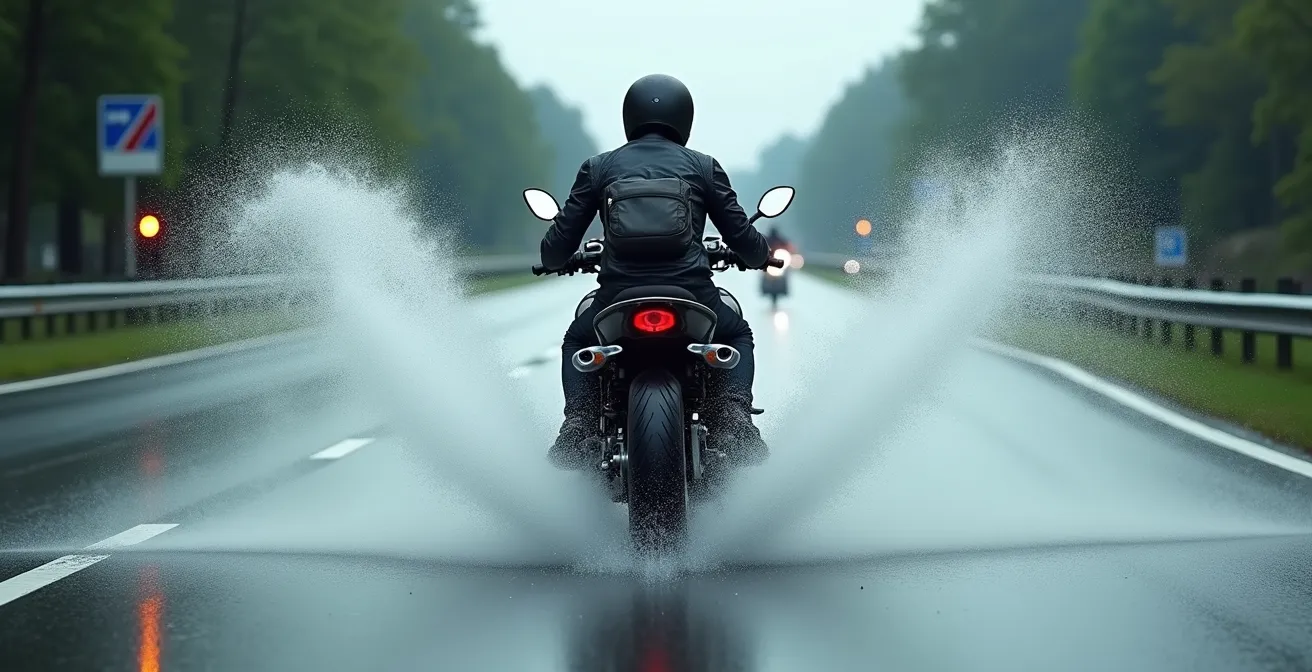 Motorradgepäck unter extremem Wasserdruck bei Autobahnfahrt im Starkregen
