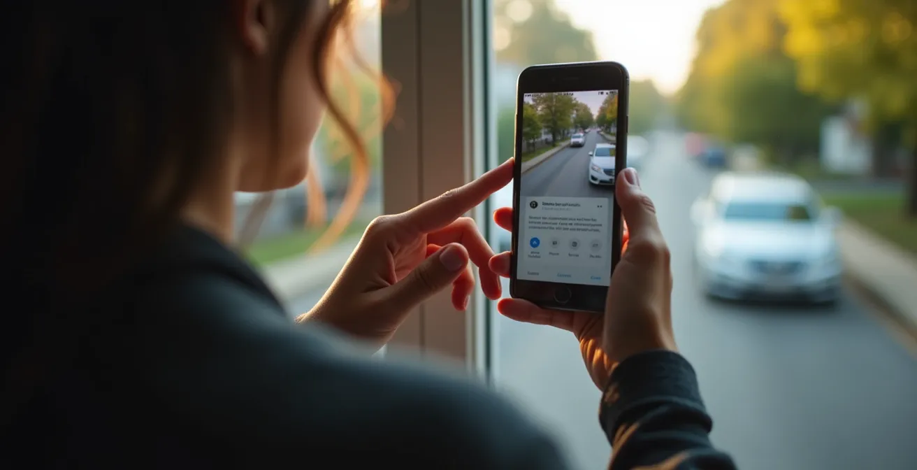 Ein Smartphone in Händen zeigt einen digitalen Zeugenaufruf bezüglich eines Motorradvorfalls in einer Nachbarschafts-App.
